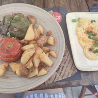 stuffed peppers and tomatoes and fava beans at Manolis Restaurant in Rhodes