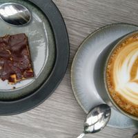 Vegan Snickers Bar and Cafe Latte at Kardemomme Kaffibar in Forde