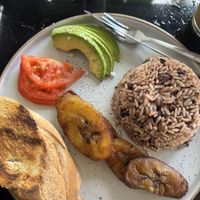 Rice and beans, avocado, tomato and sweet plantains    at La Artesanal in Jaco