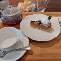 Banana and caramel cake with tea at MERCY Vegan Factory in Osaka