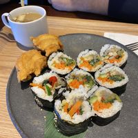 gimbap and fried karumafu (gluten) set - came with soup and rooibos tea  #Veganuary at MERCY Vegan Factory in Osaka