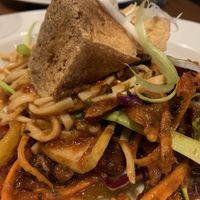 Stirfried vegetables and aduki beans with noodles and smoked tofu at David Bann Restaurant in Edinburgh