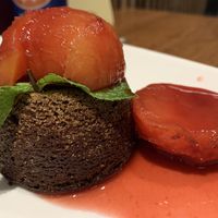 Chocolate cake with plum and port compote at David Bann Restaurant in Edinburgh