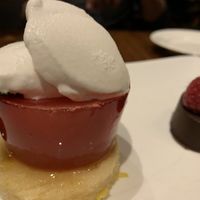 Raspberry jelly with lemon cake and rum sorbet at David Bann Restaurant in Edinburgh
