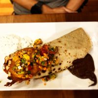 Chilli pancake wrap with choc sauce and sweet potato fritter at David Bann Restaurant in Edinburgh