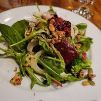 Fennel, beet, broccoli,  toasted walnut salad with fresh raspberry dressing at David Bann Restaurant in Edinburgh
