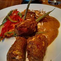 Aubergine and chickpea koftas  at David Bann Restaurant in Edinburgh