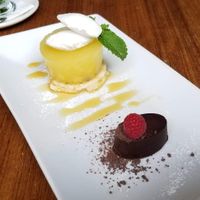 So tasty...the flavors of the orange marmalade with dark chocolate and then separately the  pineapple jelly with lemon cake. at David Bann Restaurant in Edinburgh