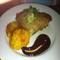 Chilli crepe with griddled potato and chocolate sauce.
oops my mom tried the chocolate sauce so fast before the photo at David Bann Restaurant in Edinburgh