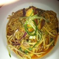 Organic Udon noodles with ginger red pepper sauce and home smoked tofu.
Wish you could see the ingredients- they have them on his website- 'DavidBann' at David Bann Restaurant in Edinburgh