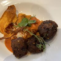 Koftas, sweet potato, veg crisps  at David Bann Restaurant in Edinburgh