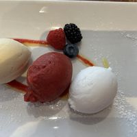 Miso ice cream & 2 sorbets, one berry & other rum & coconut   at David Bann Restaurant in Edinburgh
