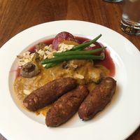 Koftas with pear, chickpea sauce, mushroom & beans at David Bann Restaurant in Edinburgh