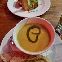 Mushroom and dill soup and David's signature smoked tofu at David Bann Restaurant in Edinburgh