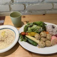 Vegan lunch set with soup, salad, rice, soy meatballs and pickled vegetables  at nagi in Nagoya