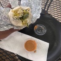 B fast burrito and spicy saucee  at East Village Cafe in Monterey