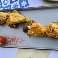 Delicious stuffed flowers and grape leaves   at Agrimia Restaurant in Crete