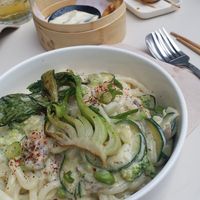 Creamy udon noodles at Bodhi in Leuven