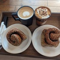 Sweet sesame rolls (so good!) plus oat-cappuccino and peanut latte at Dripper Baker in Daegu