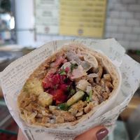 Delicious vegan shawarma, made with protein from beans, vegetables, hummus, tahini. Very friendly attention at Falafel Sumsum in Tel Aviv