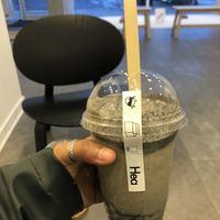 Iced black sesame latte with vegan milk and brown sugar jellies  at Hea Tea & Coffee in Aberdeen