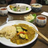 The upper one is the lunch set, the lower plate is the curry. October 2015.  at Nezu no ya in Tokyo