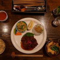 Meal of the day.
- Genmai Rice
- Soup with onion and Gluten (Seitan?)
- Renkon-age (grated lotus root, fried), Small salads with sesame and chickpeas

 at Nezu no ya in Tokyo