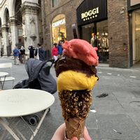 Mango, chocolate and raspberry sorbet/gelato, all vegan   at Venchi in Siena