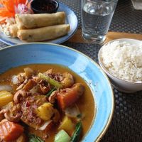 Masaman curry, rice and spring rolls at Thara Thai in Bromley