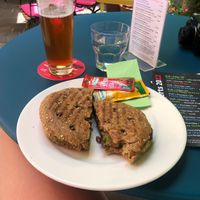 Brown pumpkin seed focaccia vegan option with avocado, aubergine, courgette and parsley   at 3fiori Bar Café Jazzkeller in Bressanone