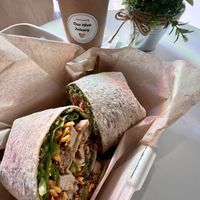Vegan Chik’n and Steak wrap with Pumpkin Maple Cinnamon superfood latte! 😋   at Our Hive Juice in Black Diamond