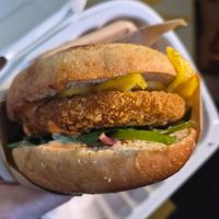 Vegan chicken bourbon bagel at Our Hive Juice in Black Diamond