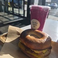 Dragon breeze smoothie and morning bloom bagel at Our Hive Juice in Black Diamond