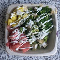 regular tofu bowl with brown rice, cucumber, edamame, pineapple, seaweed salad, scallions, pickled ginger, company sauce, thai cream sauce  at The Poké Company in Tampa