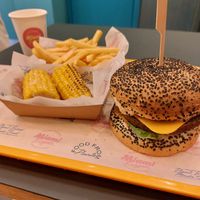 BBQ bacon burger, corn on the cob, medium fry at The Sunny Burger Co. in Amsterdam