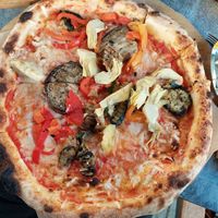 Pizza Contadina with basil, grilled veggies (zucchini, eggplant, red peppers), artichokes, extra virgin olive oil (13.50) at 480 Gradi Pizzeria Napoletana in Bad Homburg