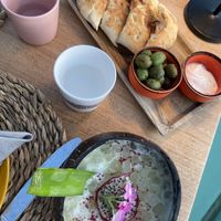 Coco Mocha cocktail and pita bread with vegan mayo for stater   at Mikasa Ibiza Boutique Hotel Restaurant in Ibiza