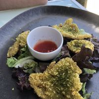 Fried oyster mushrooms with sweet sour sauce. Normally there is more on the plate 😋  at Fermento in Sagres