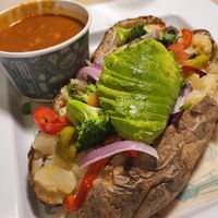 Just a Spud with all the free toppings plus avocado and a cup of Veggie Chili at McAlister's Deli in Cedar Park