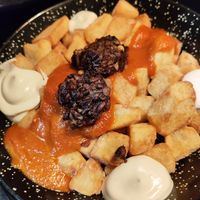 Bravas con morcilla vegana at La Cuina del Cel in Mataro