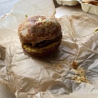 The “Bodega” sandwich: steak, egg, and cheese on plain bagel  at The Green Beautiful  in Manchester