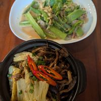 Stinky tofu greens and mushroom noodle stir fry at Rau Ơi Vegetarian Chay in Ho Chi Minh City