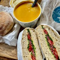 Delicious sweet potato soup and sandwiches with hummus at Jojo Cafe in Ullapool