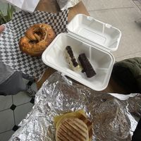 Cheese pretzel, kit kat and breakfast sandwich  at Aunty Em's Deli & Coffee in Toronto
