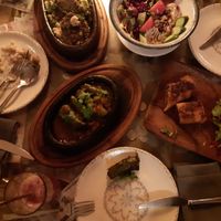 Stuffed vine leaves, eggplant quesadilla, lentil patties on cooked wheat and hummus salad. at Arch Bistro in Istanbul