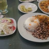 tasty and healthy food (salt and lemon on the side) at Darshan Vegetarian Restaurant in Iquitos