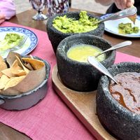 Chips and salsa gratis, guacamole ordered   at Los Tres Gallos in Matamoros