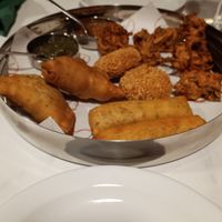 Street food platter, keema samosa, beetroot pakora, Paneer spring rolls and aloo tikki at SuRano Plant Based Indian bistro in Beeston