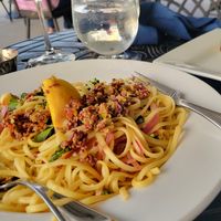 Pasta Primavera (with the tapenade for the bread tossed on top) at Blue Pointe Grille in Watkins Glen