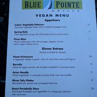 vegan menu as of 9/23/17 at Blue Pointe Grille in Watkins Glen